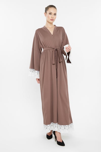 اشتري Wrap Style Abaya With Pearl Lace By The Sleeves And Bottom بني في الامارات