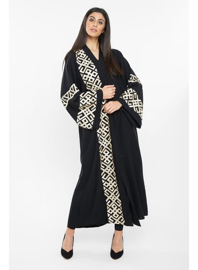 Buy Aztec Print Detailing Abaya Black in UAE