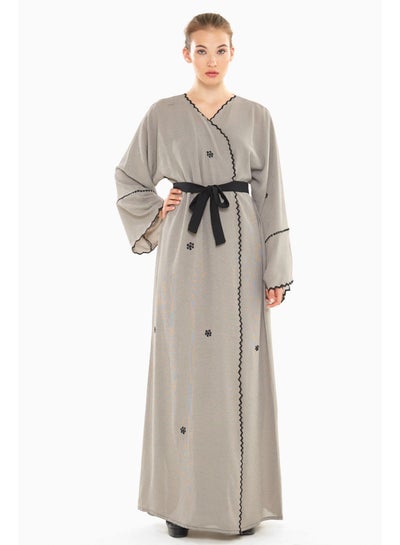 Buy Abaya With Floral Embroidered Hemming And By The Closing Grey in UAE