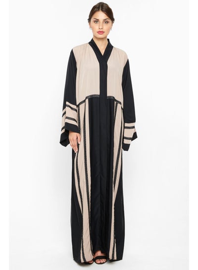 Buy Classy Abaya With Stripe Detailing Cream/Black in UAE