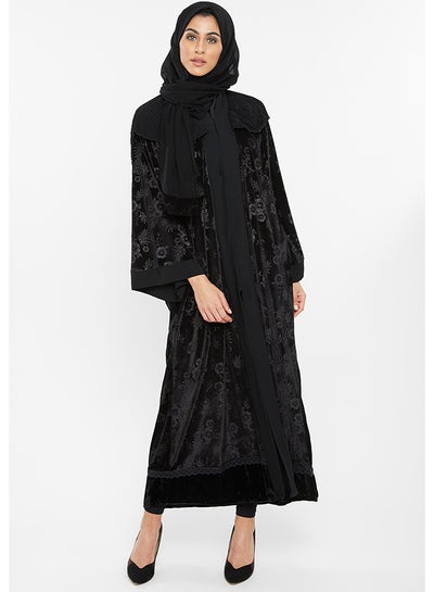 Buy Floral Self Printed Velvet Detailing Abaya Black in UAE