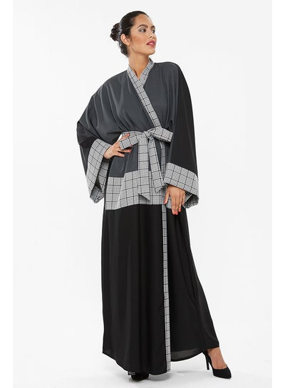 Buy Checks Print Abaya Black/Grey in UAE