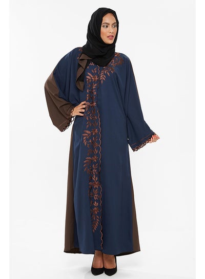 Buy Classy Abaya With Leafy Embroidery By The Closing And Sleeves navy blue in UAE