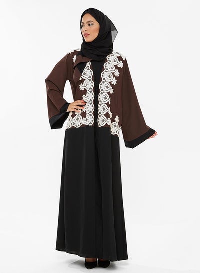 Buy Classy Abaya With Top Half In Lined With Lace Brown/Black in UAE