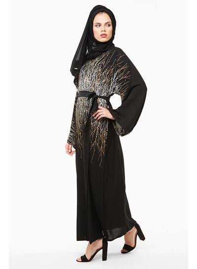 Buy Self Print Casual Abaya Black/Cream in UAE