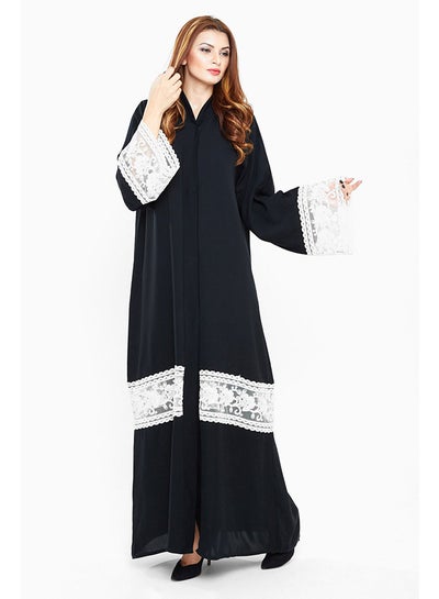 Buy Floral Net Lace Abaya Black in UAE