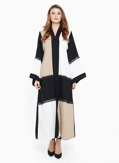 Buy Casual Abaya Lined With Strip Of Lace Black/Cream in UAE