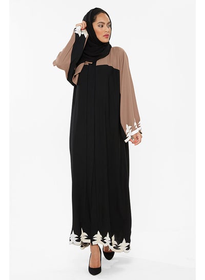 Buy Classy Abaya With Sleeves Lined By Curved Embroidery Black/Beige in UAE