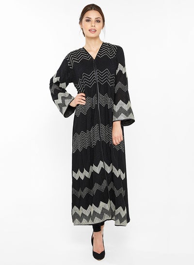 Buy Casual Zig-Zag Embroidered Abaya Black/Grey in UAE