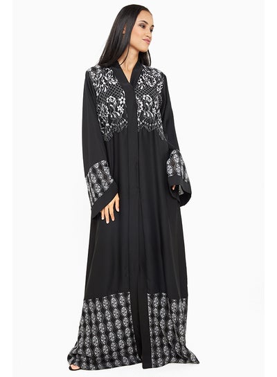 Buy Serene Floral Print Abaya Black in UAE