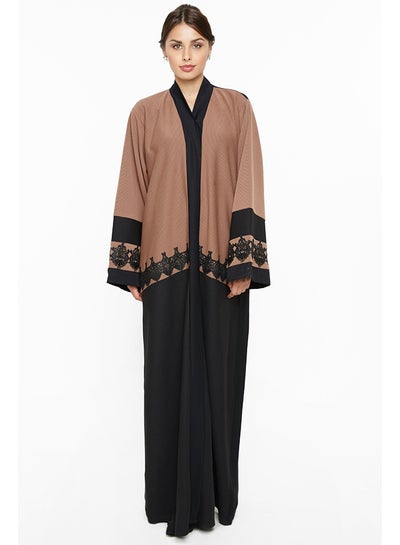 Buy Abaya With Floral Lace Detailing Neckline Brown/Black in UAE