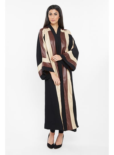 Buy Shimmer Striped Detailing Abaya Black/Brown/Cream in UAE