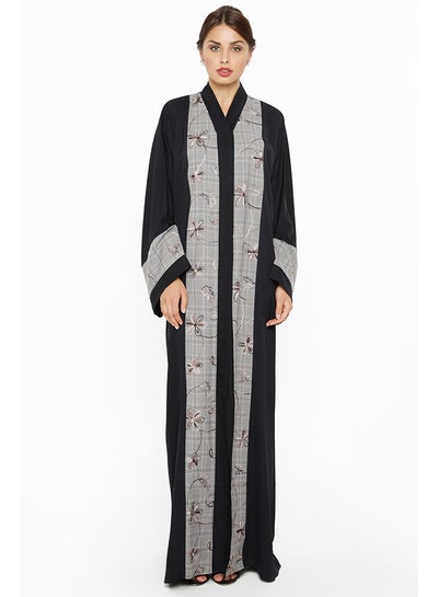 Buy Abaya With Floral Printed Detailing In By The Closure And Sleeves Black/Grey in UAE