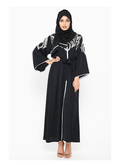 اشتري Rich Abaya With Floral Leafy Embroidery Detailing بلاك/فضي في الامارات