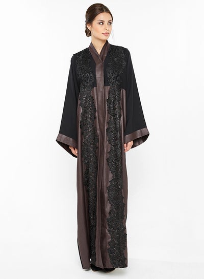 Buy Classy Shimmering Abaya With Lace Running Down Along The Closing And Sleeves Brown/Black in UAE