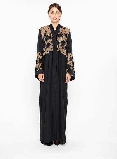 Buy Classy Abaya With Floral Net Detailing Black in UAE