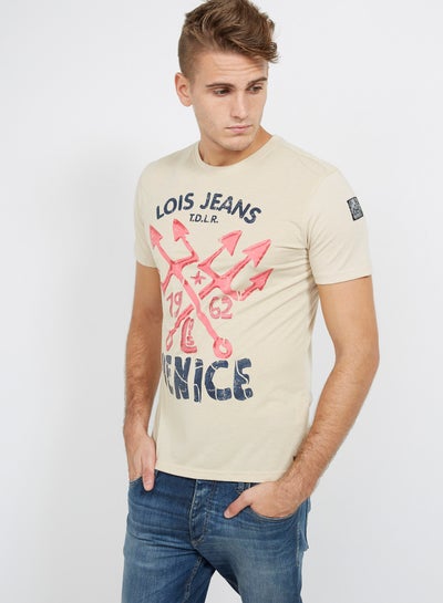 Buy Printed Round Neck T-Shirt 320 Cream in UAE