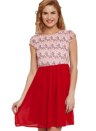 Buy Printed Skater Waist Gather Dress Red/Peach in UAE