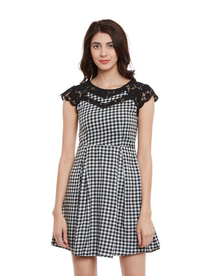 Buy Printed Cap Sleeve Skater Dress Black/White in UAE