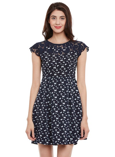 Buy Cap Sleeve Printed Skater Dress Navy in UAE