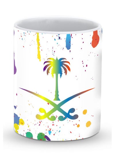 Buy Premium Colourful Saudi Designer Mug White/Green/Yellow 325ml in UAE