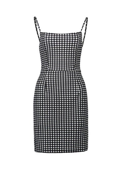 Buy Small Plaid Pattern Hip Skirt Spaghetti Strap Women Black And White Dress Black/White in Saudi Arabia