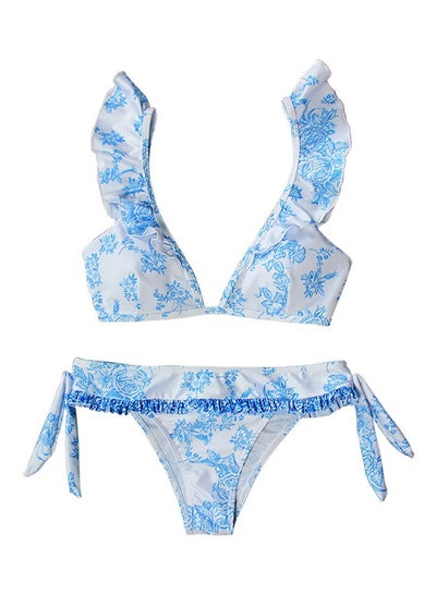 Light Blue Floral Printed Lacing Falbala Two-piece Bikini Set Swimsuit  Light Blue price in UAE, Noon UAE