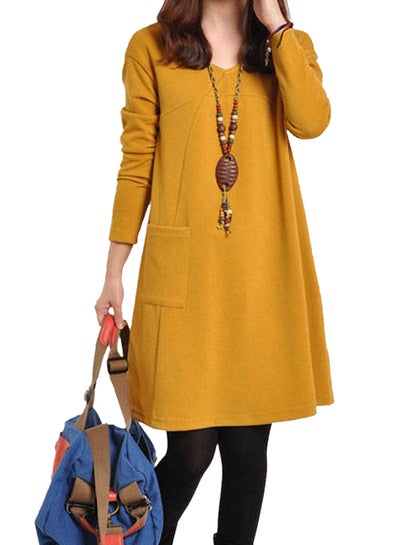 Buy Long Sleeve Midi Shift Dress Yellow in Saudi Arabia