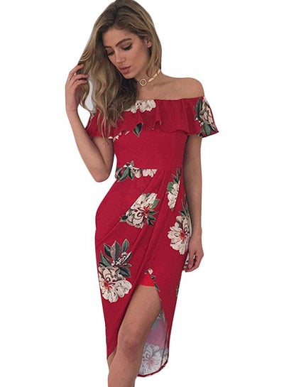 Buy Falbala Strapless Off-shoulder Beach Dress Red in UAE