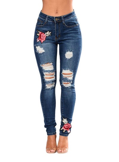 Buy Stretchable Ripped High-Rise Slim Jeans Denim Blue in Saudi Arabia