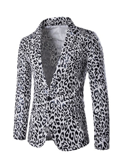 Buy Lapel Leopard One Button Long Sleeve Blazer Black/White in Saudi Arabia