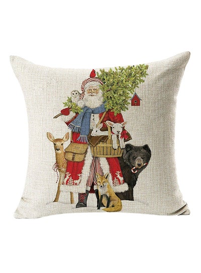 Buy Santa Claus With Animals Printed Throw Pillow Cover White/Red/Green 45x45centimeter in UAE