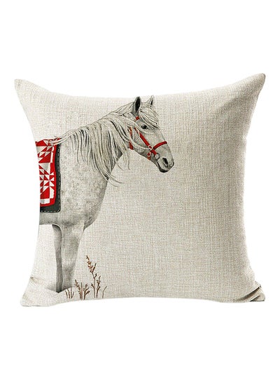 Buy White Horse Printed Throw Pillow Case Cushion Cover Beige 45 x 45cm in UAE