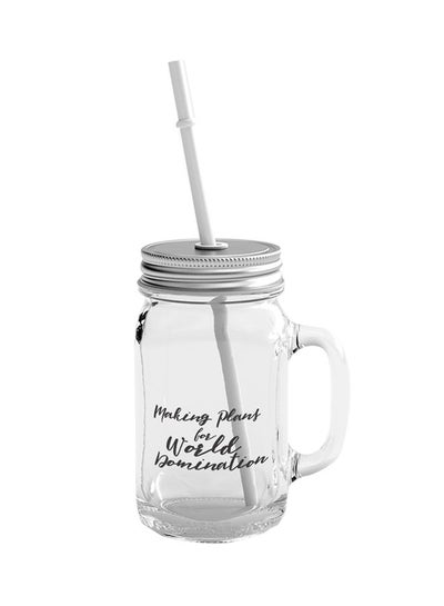 Buy Mason Jar With Lid And Straw Clear/Silver 400ml in UAE