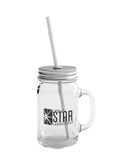 Buy Mason Jar With Lid And Straw Clear/Silver 400ml in UAE