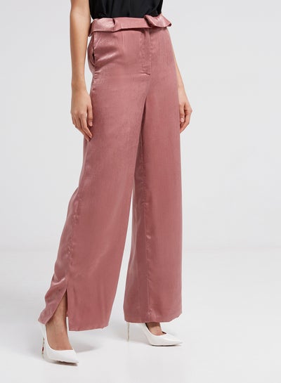 Buy Satin Pleated Waistband Wide Leg Trousers Pink in Saudi Arabia