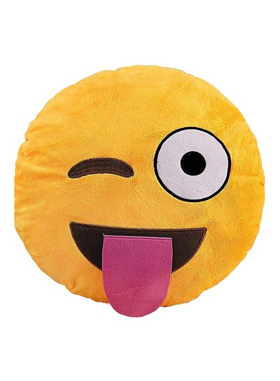 Buy Emoji Smiley Emoticon Wink Round Cushion Pillow Cotton Yellow 31x31x7centimeter in UAE