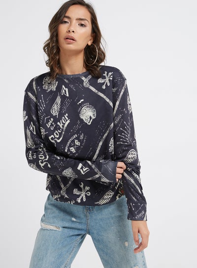 Buy Printed Crew Neck Sweatshirt Blue Printed in UAE