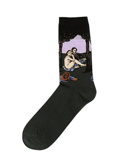 Buy Casual Cotton Printed Crew Socks Black in Saudi Arabia