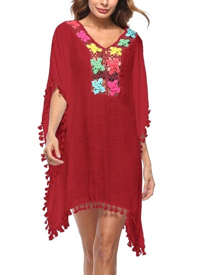 Buy Floral Embroidered Summer Beach Dress Dark Red in Saudi Arabia