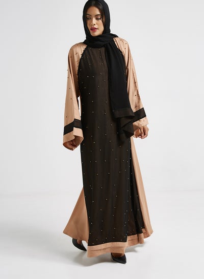Buy Beaded Detailed Casual Abaya Beige/Black in UAE