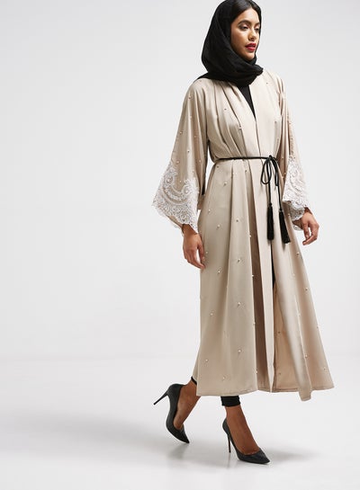 Buy Pearl Detailed Abaya Beige in UAE