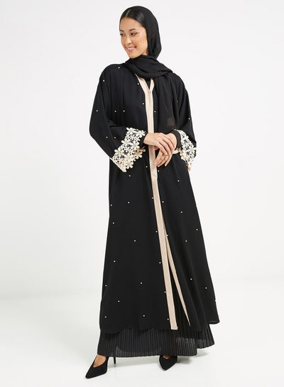 Buy Floral Lace detail Abaya Black in UAE