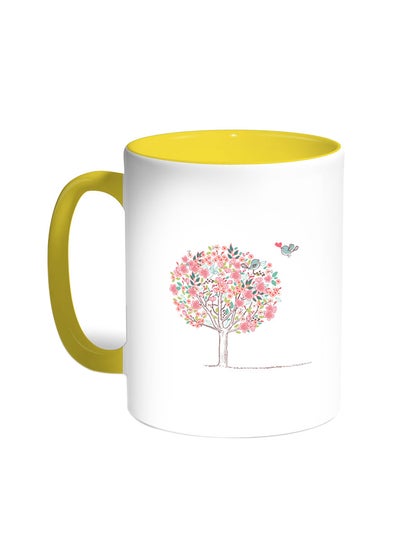 Buy Birds On A Tree Printed Coffee Mug Yellow/White in UAE