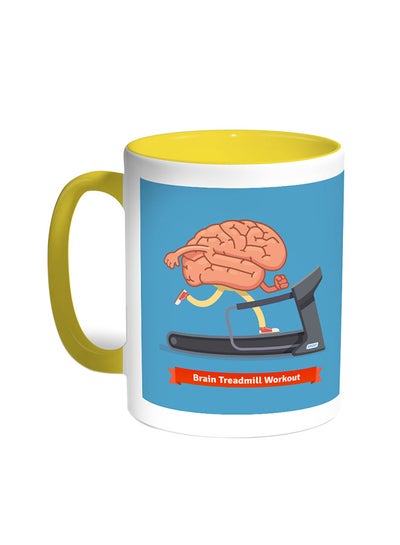 Buy Brain Treadmill Workout Printed Coffee Mug Yellow/White in Saudi Arabia