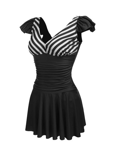 Buy Cap Sleeve Ruched Waist Striped Patchwork Swimwear Black in Saudi Arabia