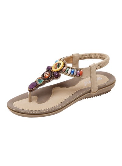 Buy Bohemian Stud String Bead Clip Toe Flat Sandals Beige in UAE