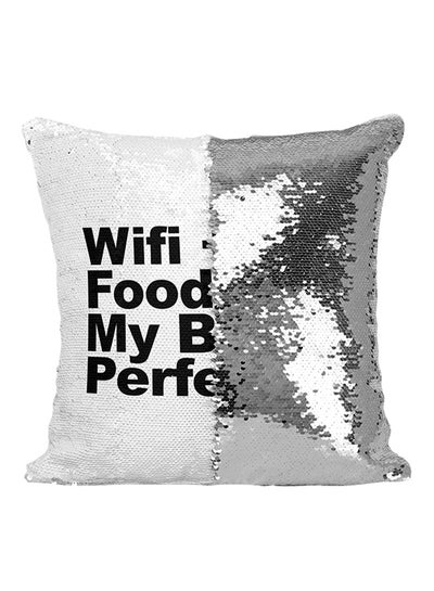 اشتري وسادة صغيرة مرحة مزينة بالترتر بتصميم عبارة Wifi Food My Bed Perfection بوليستر أبيض/أسود/فضي 16x16 بوصة في الامارات