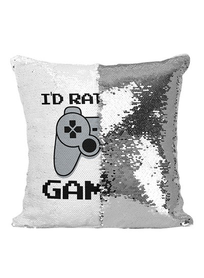 Buy I'D Rather Be Gaming Sequined Throw Pillow Silver/White/Black 16x16inch in Saudi Arabia