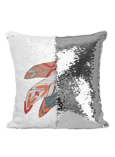 Buy Native Indian Style Tribal Feather Sequined Throw Pillow Silver/Black/White 16x16inch in UAE